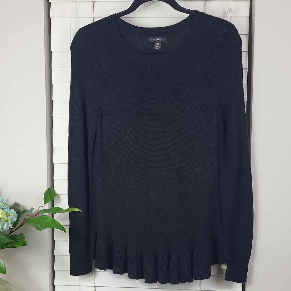Halogen Black Knit Crewneck Sweater with Ruffle Hem. Size XXS